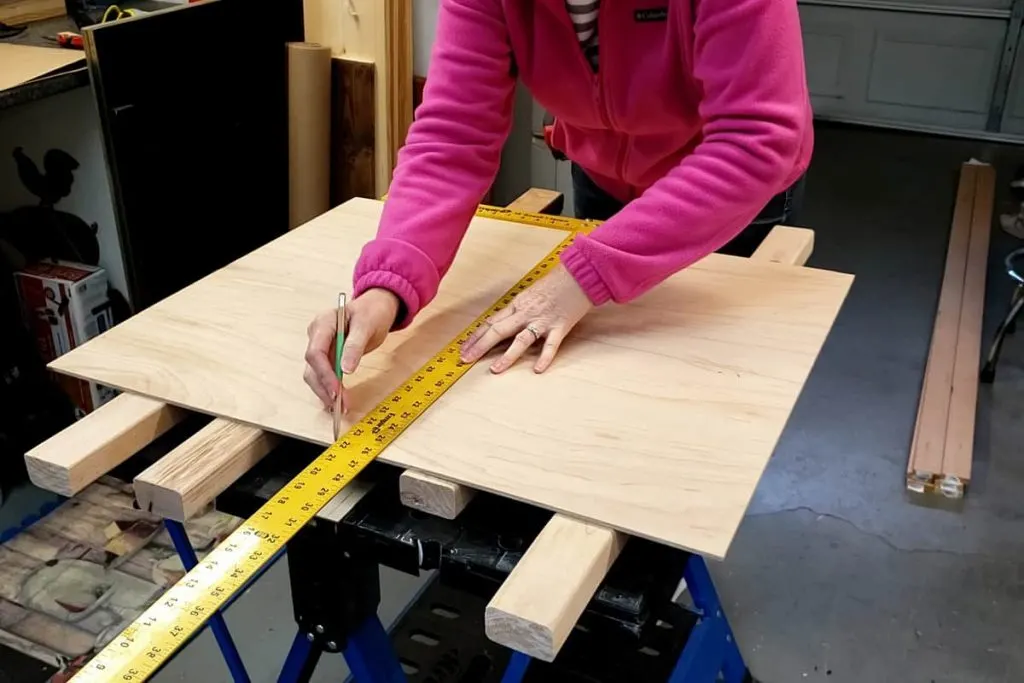 Woman with T square drawing lines on plywood.