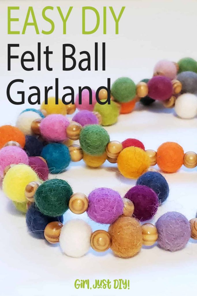 Easy DIY Felt Ball Garland social media graphic with image of coiled garland and text overlay