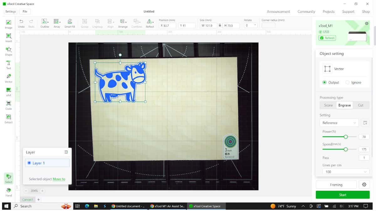 software preview of cow image ready to be sent to laser machine.