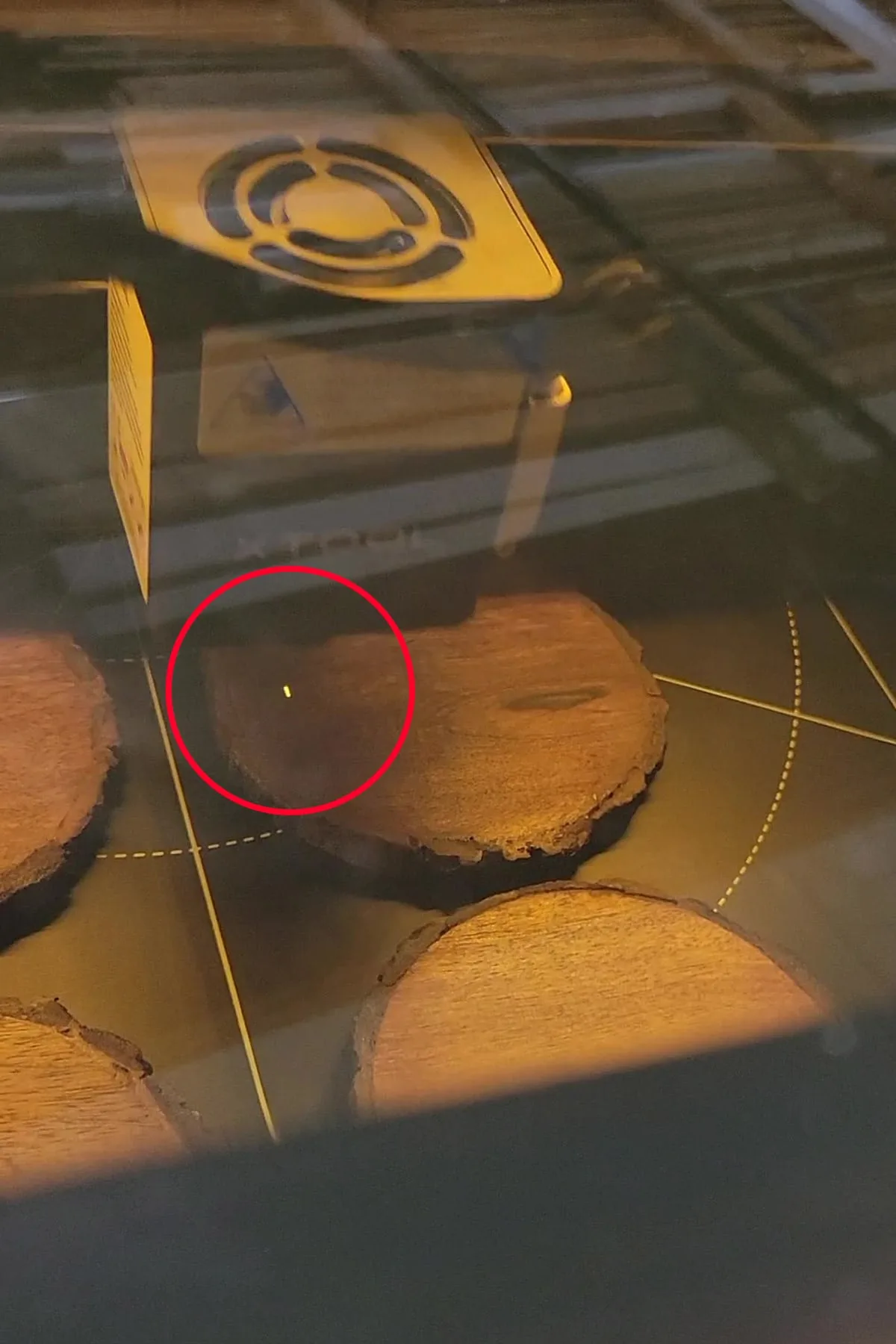 Image of a laser engraver working with wood inside.