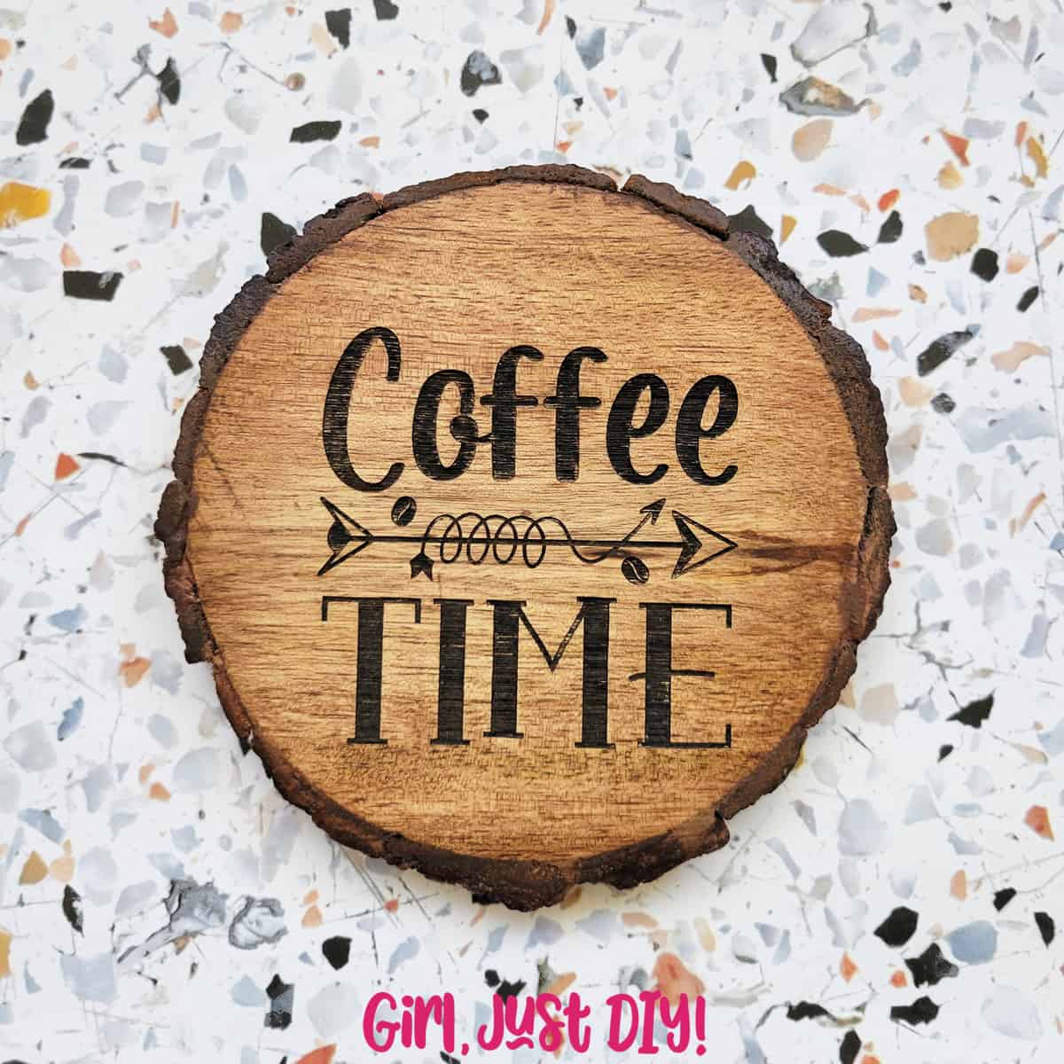 wood coffee time coaster on tabletop