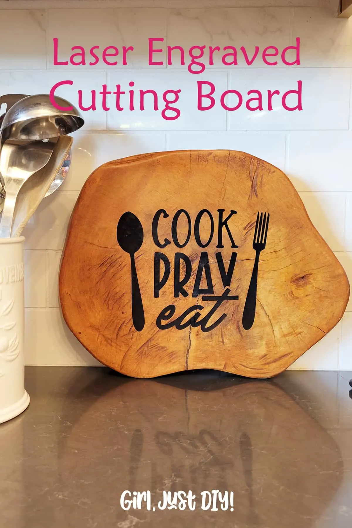 Laser engraved cutting board near cooking utensil containerwith text overlay