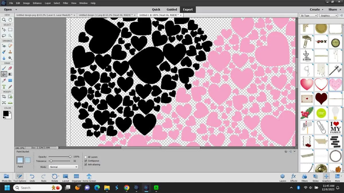 Heart graphic on screen turning pink hearts into black hearts with photoshop
