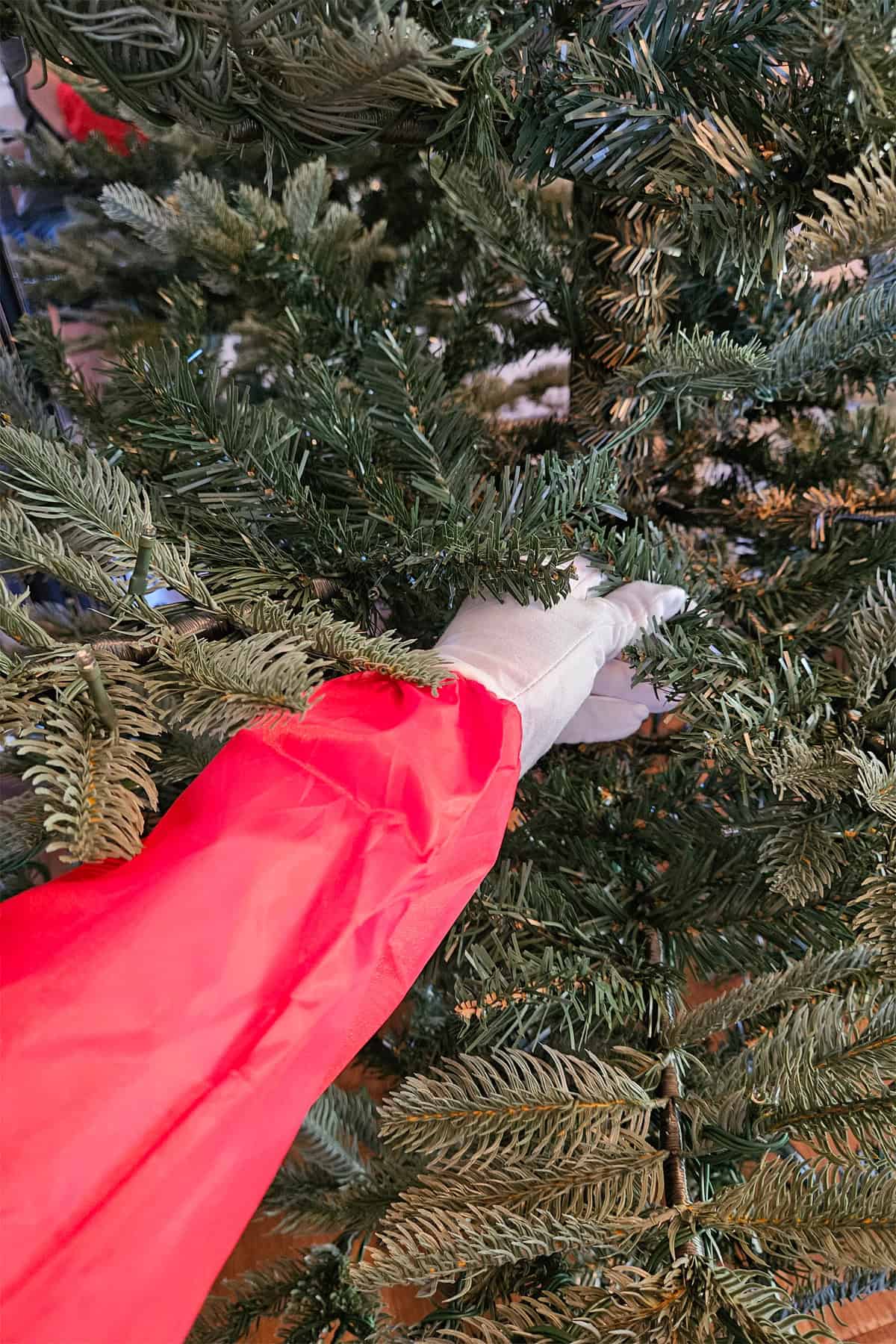 Red and white gloved arm fluffing an artificial Christmas Tree
